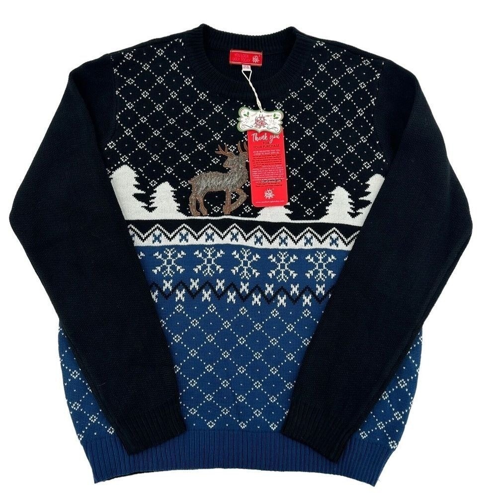 You Look Ugly Today Mens XL Christmas Sweater Reindeer Fair Isle Navy Blue NEW